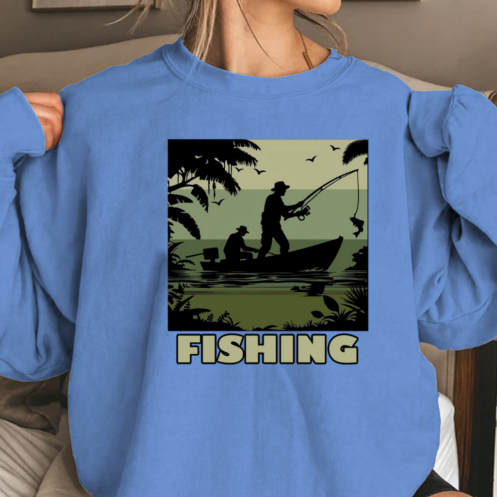 Fishing Camouflage Crewneck Sweatshirt, Retro Angler Graphic Pullover, Outdoor Adventure Shirt, Fisherman Gift, Relaxing Hobby Tee