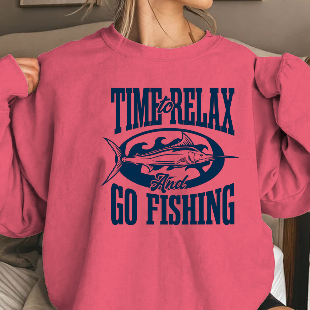 Fishing Crewneck Sweatshirt, "Time to Relax and Go Fishing" Graphic, Funny Angler Pullover, Outdoor Adventure Shirt, Fisherman Gift Tee