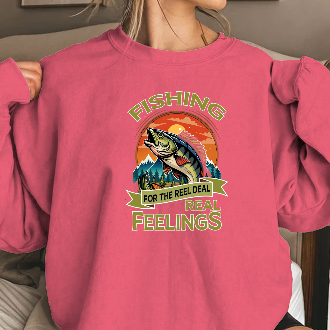 Fishing Crewneck Sweatshirt, "Fishing for the Real Feelings" Retro Trout Design, Angler Gift, Outdoor Adventure Pullover, Fisherman Shirt