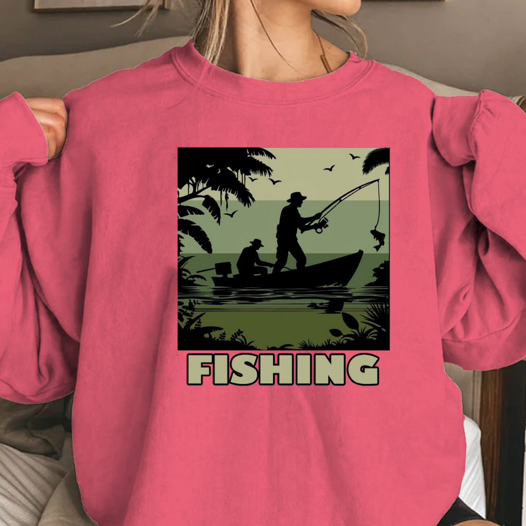 Fishing Camouflage Crewneck Sweatshirt, Retro Angler Graphic Pullover, Outdoor Adventure Shirt, Fisherman Gift, Relaxing Hobby Tee