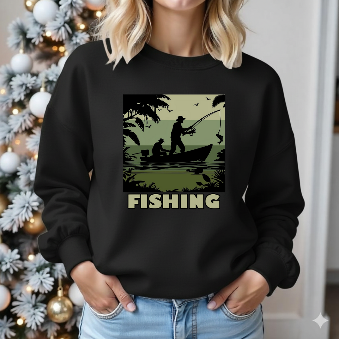 Fishing Camouflage Crewneck Sweatshirt, Retro Angler Graphic Pullover, Outdoor Adventure Shirt, Fisherman Gift, Relaxing Hobby Tee
