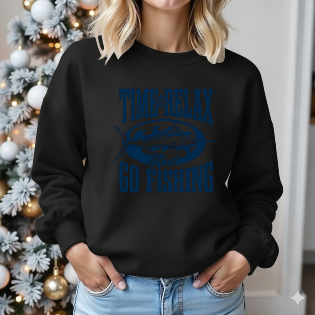 Fishing Crewneck Sweatshirt, "Time to Relax and Go Fishing" Graphic, Funny Angler Pullover, Outdoor Adventure Shirt, Fisherman Gift Tee