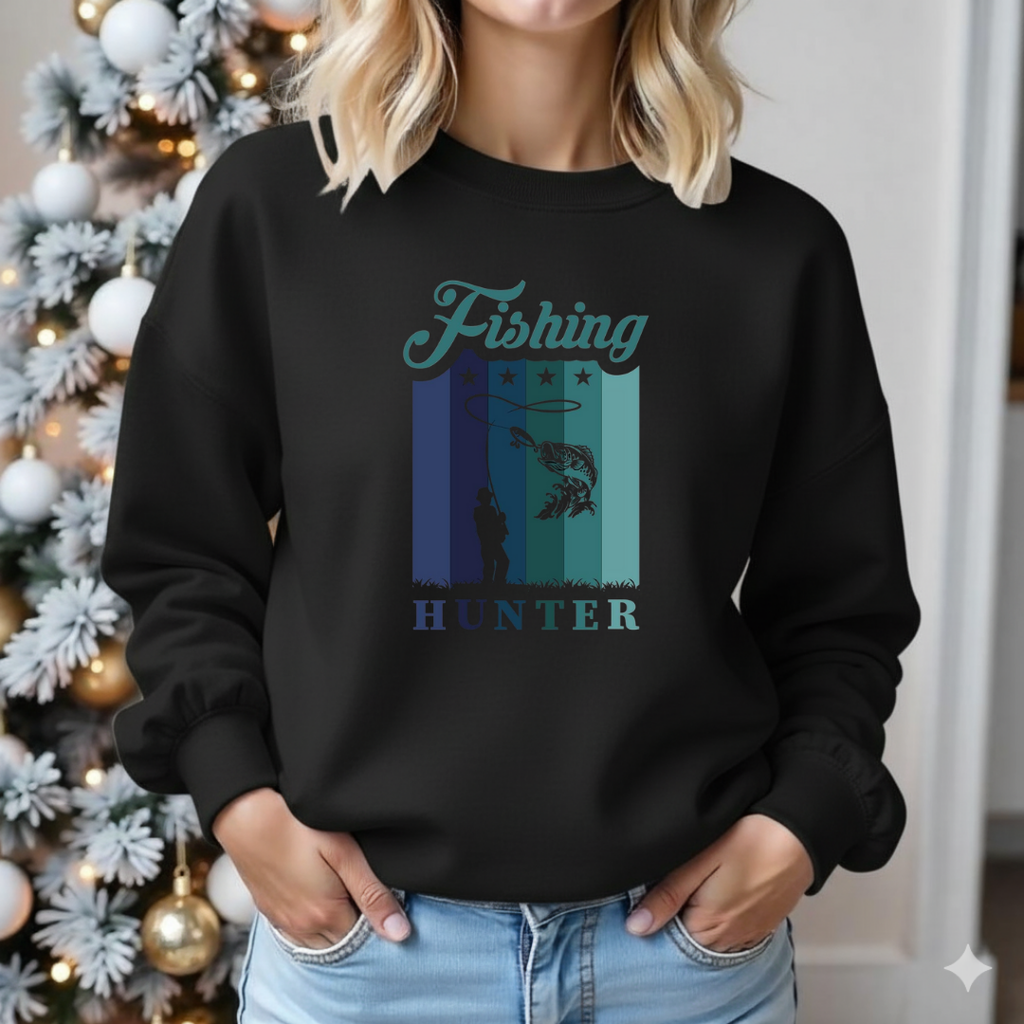 Fishing Hunter Crewneck Sweatshirt, Retro Angler Graphic Pullover, Outdoor Adventure Shirt, Fisherman Gift, Vintage Fishing Hobby Tee