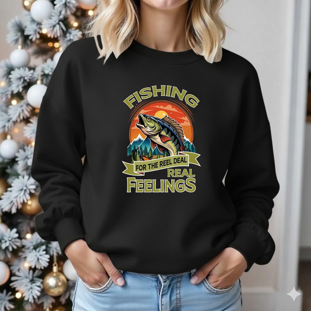 Fishing Crewneck Sweatshirt, "Fishing for the Real Feelings" Retro Trout Design, Angler Gift, Outdoor Adventure Pullover, Fisherman Shirt