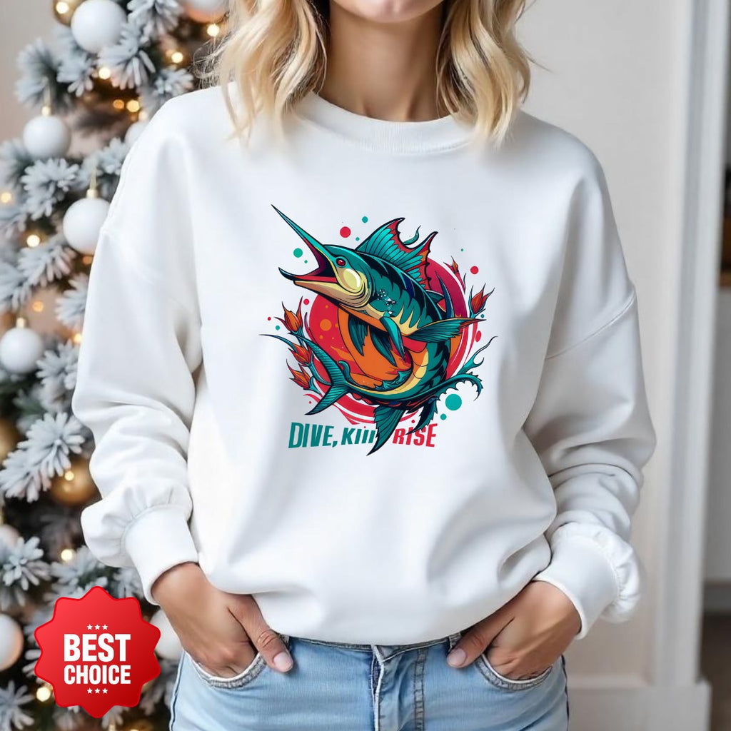 Marlin Wave Crewneck Sweatshirt, Dive Kink Rise Fishing Pullover, Retro Ocean Marlin Graphic, Fisherman Gift, Outdoor Adventure Hoodie Style Top