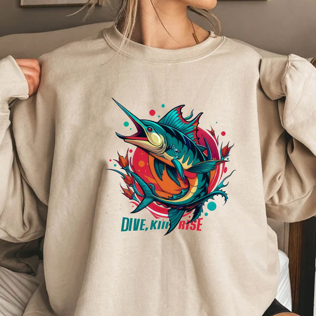 Marlin Wave Crewneck Sweatshirt, Dive Kink Rise Fishing Pullover, Retro Ocean Marlin Graphic, Fisherman Gift, Outdoor Adventure Hoodie Style Top