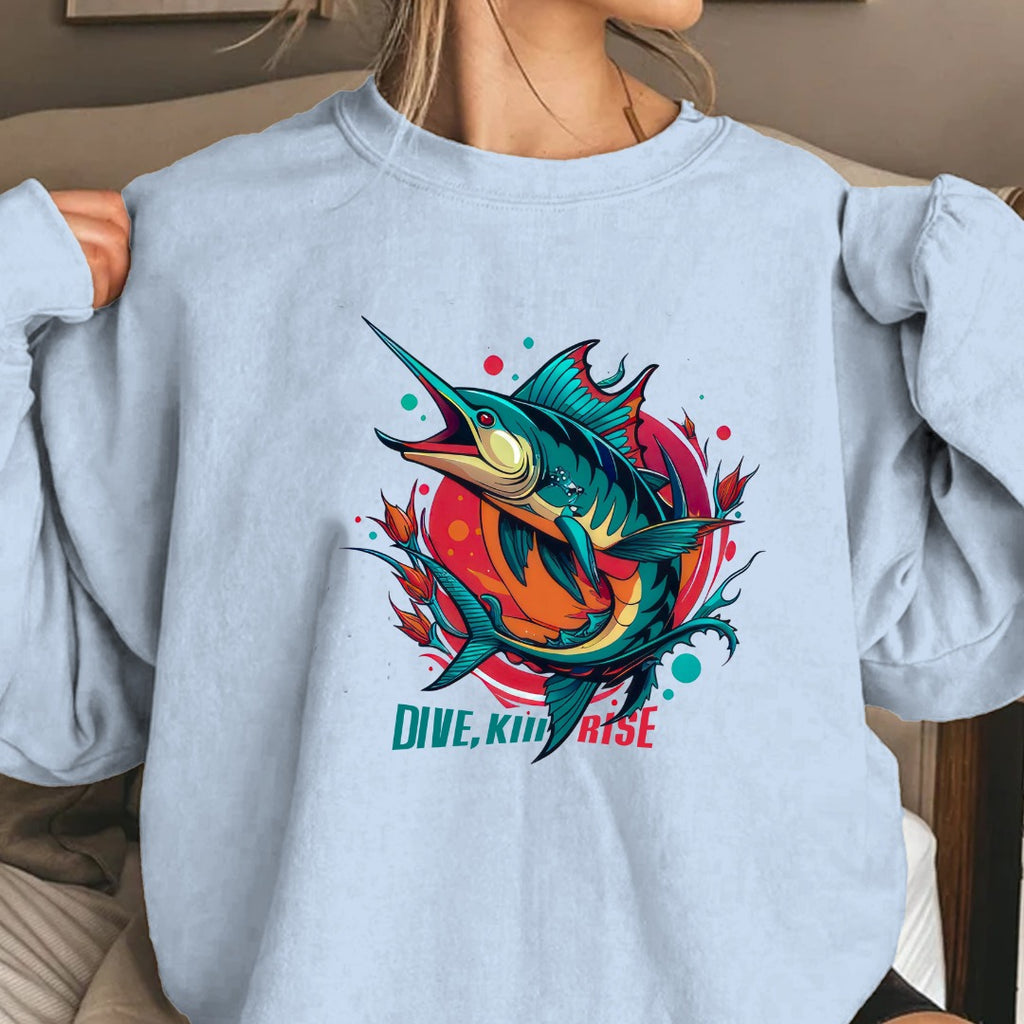 Marlin Wave Crewneck Sweatshirt, Dive Kink Rise Fishing Pullover, Retro Ocean Marlin Graphic, Fisherman Gift, Outdoor Adventure Hoodie Style Top