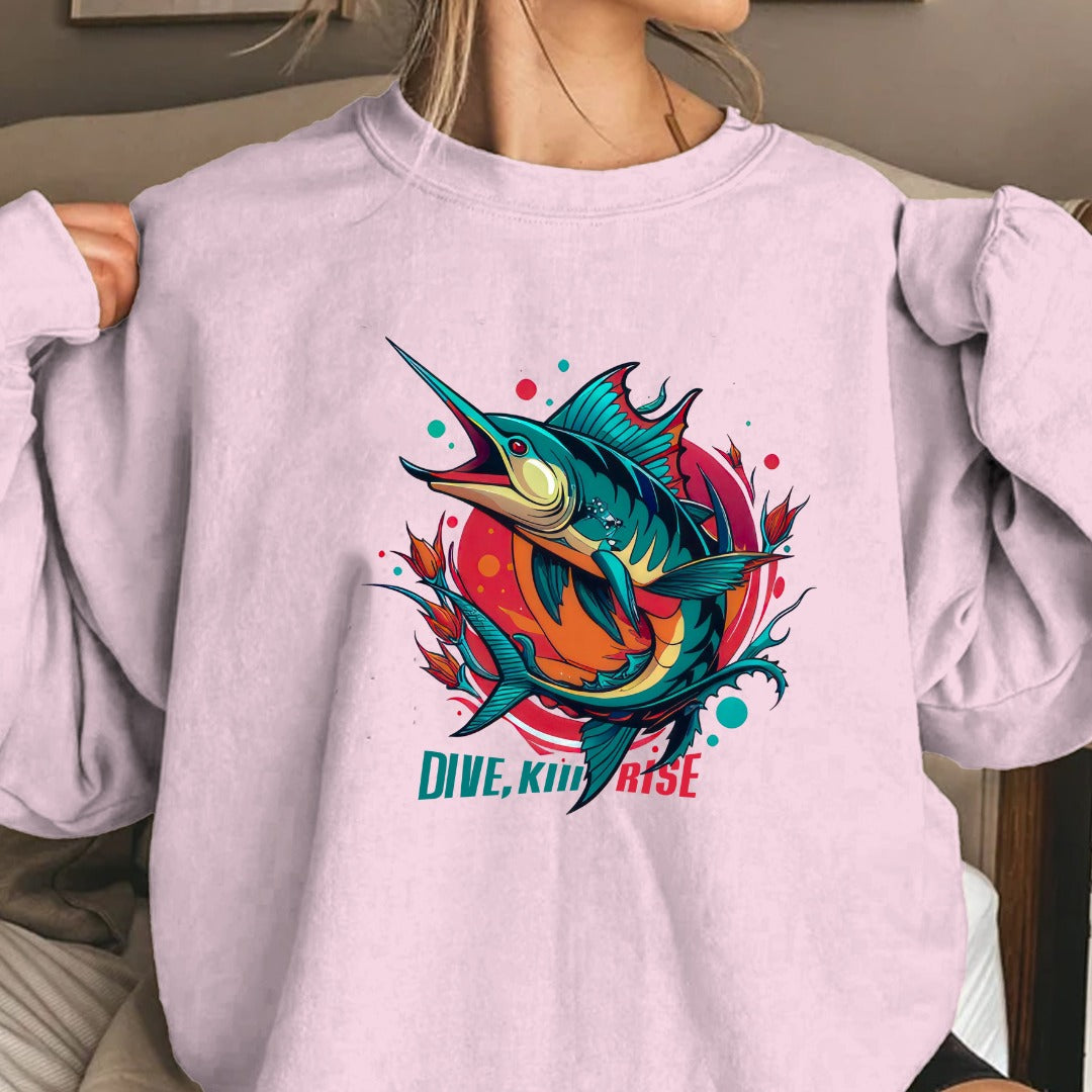 Marlin Wave Crewneck Sweatshirt, Dive Kink Rise Fishing Pullover, Retro Ocean Marlin Graphic, Fisherman Gift, Outdoor Adventure Hoodie Style Top