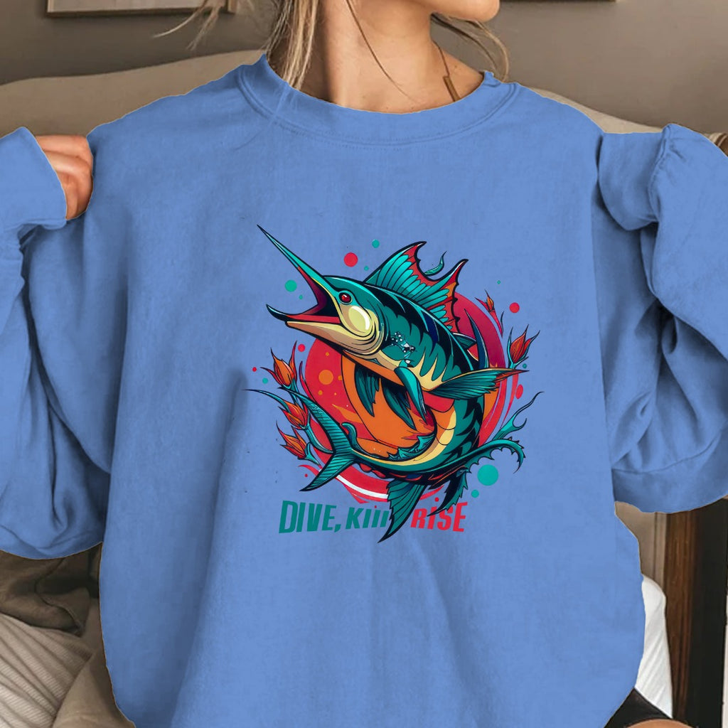Marlin Wave Crewneck Sweatshirt, Dive Kink Rise Fishing Pullover, Retro Ocean Marlin Graphic, Fisherman Gift, Outdoor Adventure Hoodie Style Top