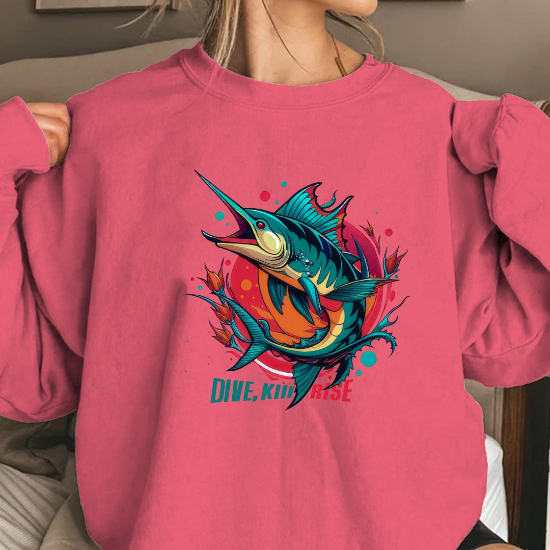 Marlin Wave Crewneck Sweatshirt, Dive Kink Rise Fishing Pullover, Retro Ocean Marlin Graphic, Fisherman Gift, Outdoor Adventure Hoodie Style Top