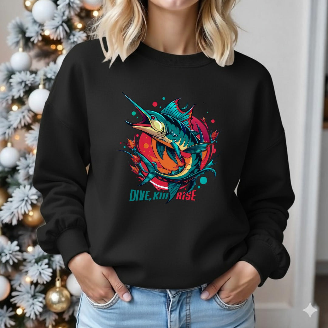 Marlin Wave Crewneck Sweatshirt, Dive Kink Rise Fishing Pullover, Retro Ocean Marlin Graphic, Fisherman Gift, Outdoor Adventure Hoodie Style Top