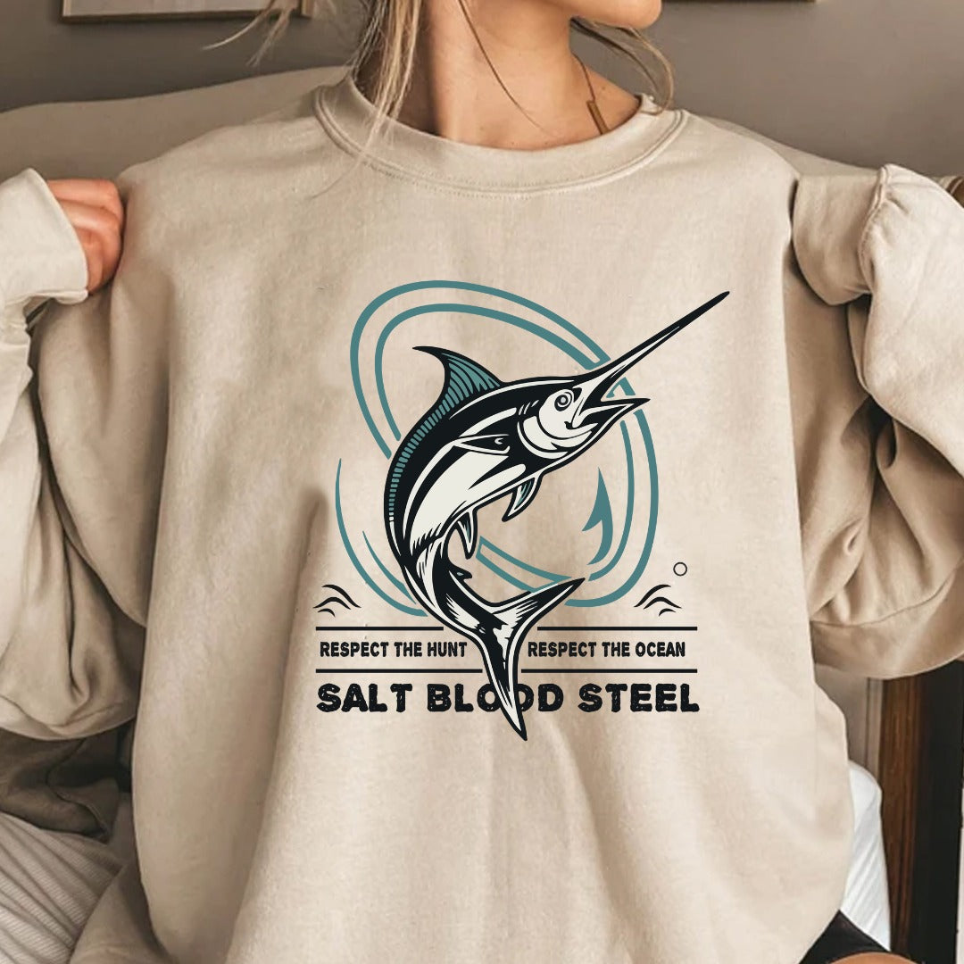Swordfish Crewneck Sweatshirt, Salt Blood Steel Fishing Graphic, Deep Sea Fisherman Gift, Retro Ocean Swordfish Pullover, Outdoor Angler Apparel