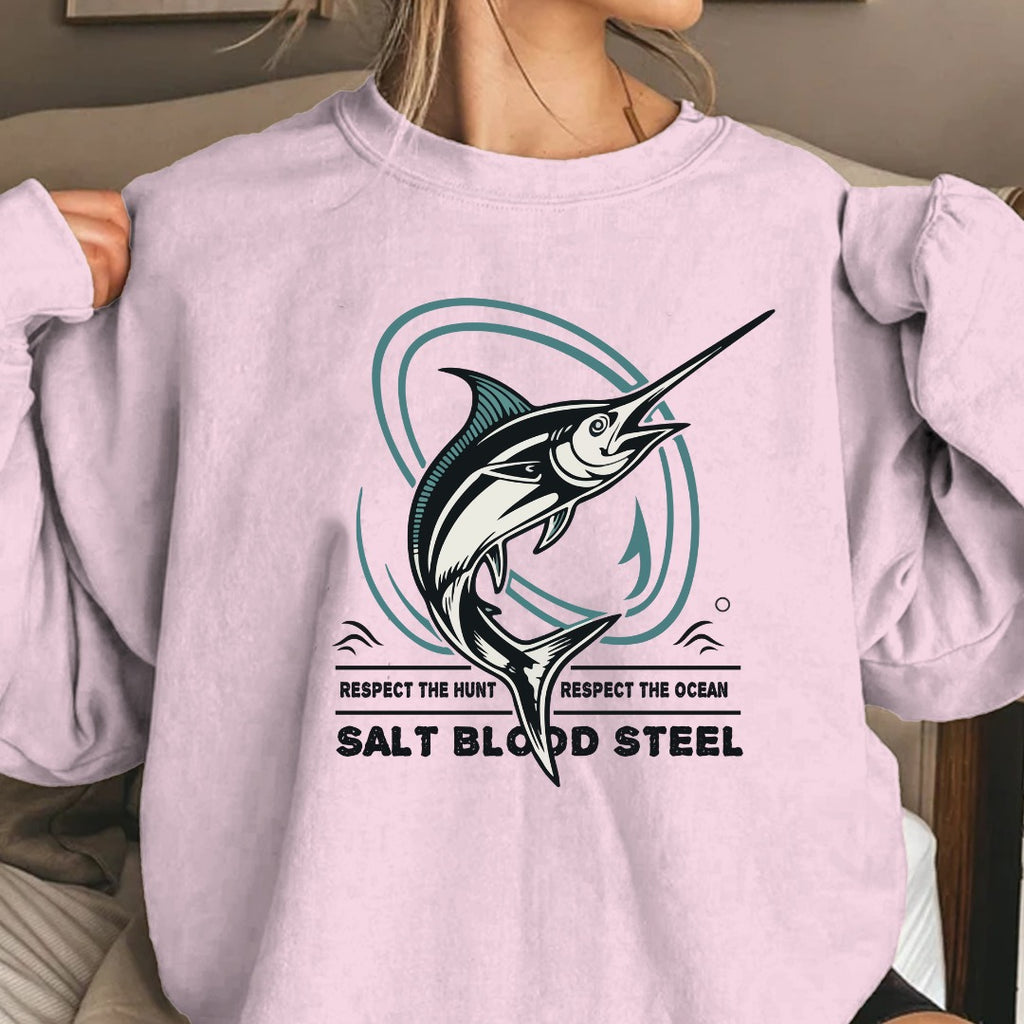 Swordfish Crewneck Sweatshirt, Salt Blood Steel Fishing Graphic, Deep Sea Fisherman Gift, Retro Ocean Swordfish Pullover, Outdoor Angler Apparel