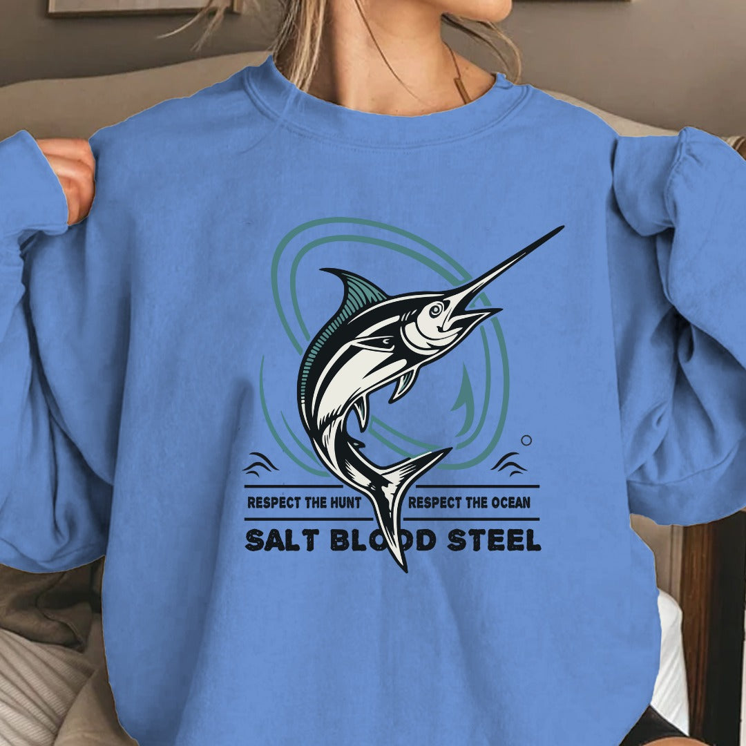 Swordfish Crewneck Sweatshirt, Salt Blood Steel Fishing Graphic, Deep Sea Fisherman Gift, Retro Ocean Swordfish Pullover, Outdoor Angler Apparel