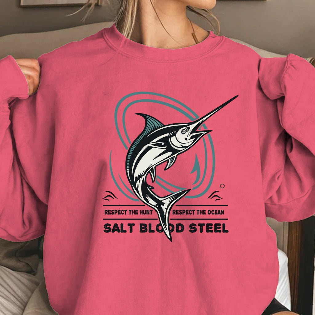 Swordfish Crewneck Sweatshirt, Salt Blood Steel Fishing Graphic, Deep Sea Fisherman Gift, Retro Ocean Swordfish Pullover, Outdoor Angler Apparel