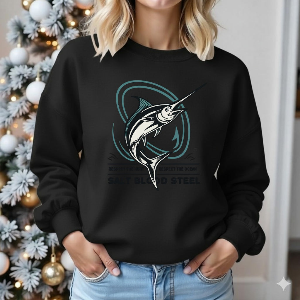Swordfish Crewneck Sweatshirt, Salt Blood Steel Fishing Graphic, Deep Sea Fisherman Gift, Retro Ocean Swordfish Pullover, Outdoor Angler Apparel