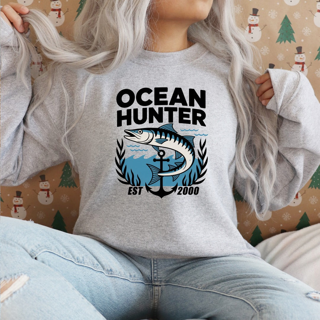 Ocean Hunter Crewneck Sweatshirt, Marlin Fishing Graphic Pullover, Ocean Hunter Design, Deep Sea Fisherman Gift, Retro Angler Crewneck
