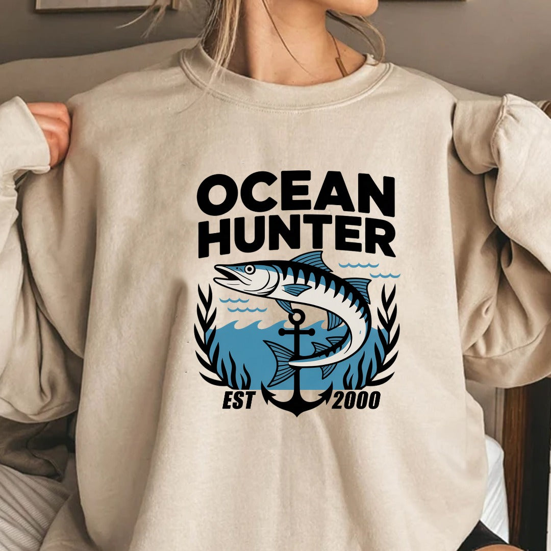 Ocean Hunter Crewneck Sweatshirt, Marlin Fishing Graphic Pullover, Ocean Hunter Design, Deep Sea Fisherman Gift, Retro Angler Crewneck