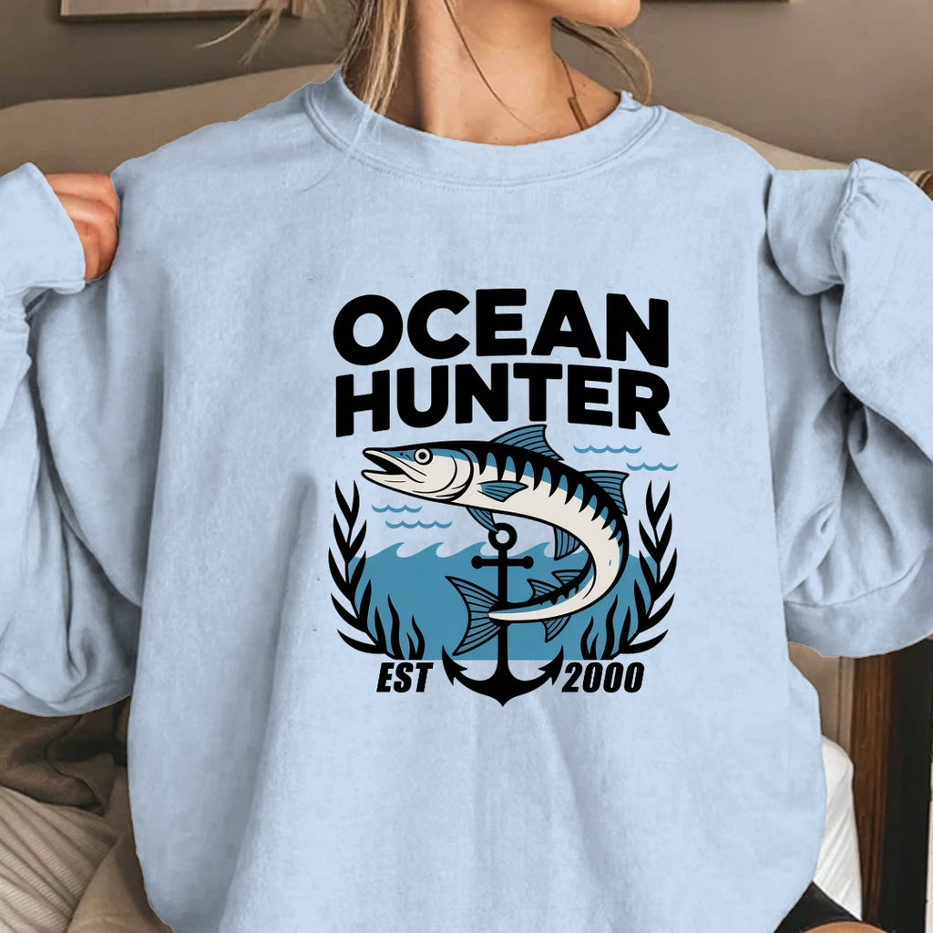 Ocean Hunter Crewneck Sweatshirt, Marlin Fishing Graphic Pullover, Ocean Hunter Design, Deep Sea Fisherman Gift, Retro Angler Crewneck