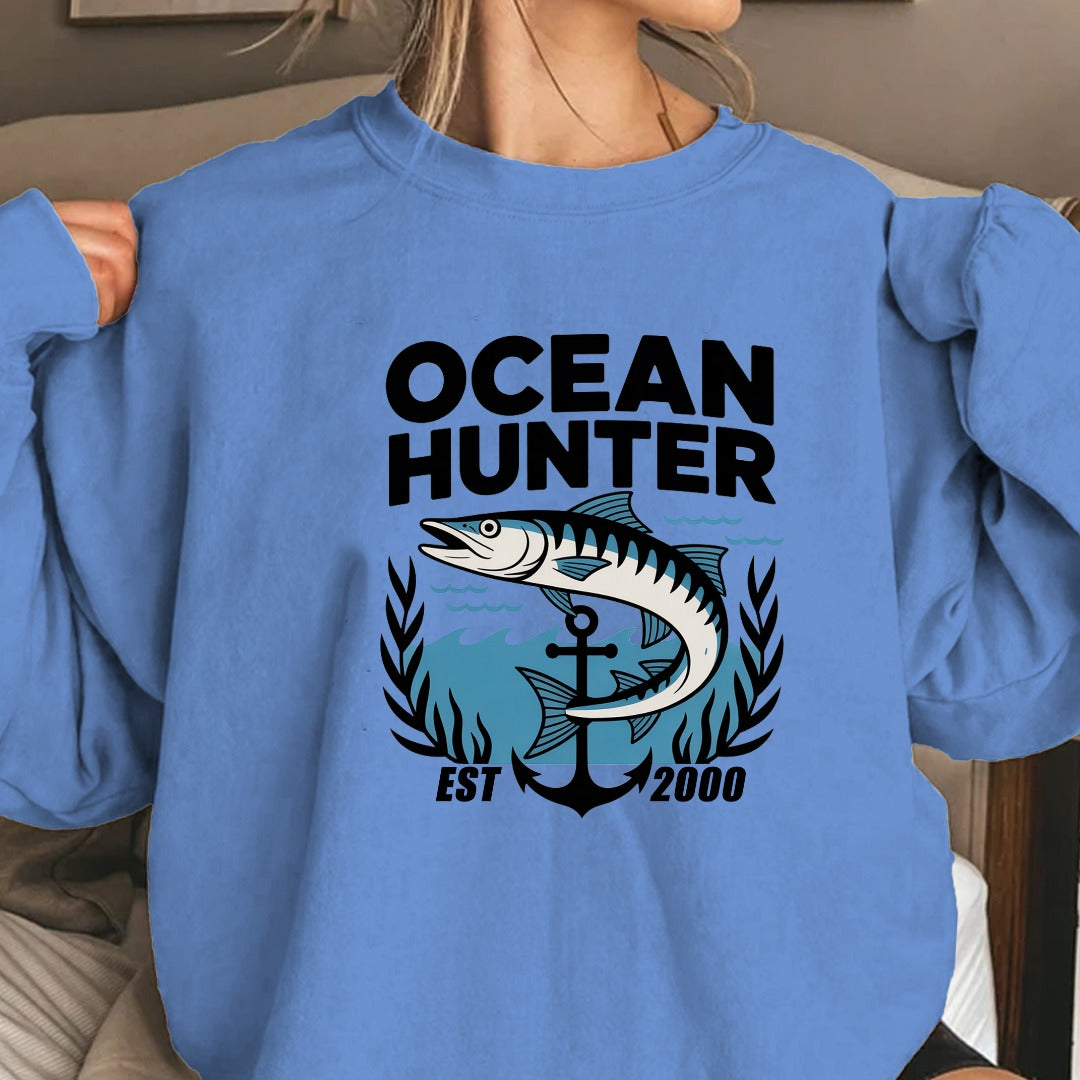 Ocean Hunter Crewneck Sweatshirt, Marlin Fishing Graphic Pullover, Ocean Hunter Design, Deep Sea Fisherman Gift, Retro Angler Crewneck