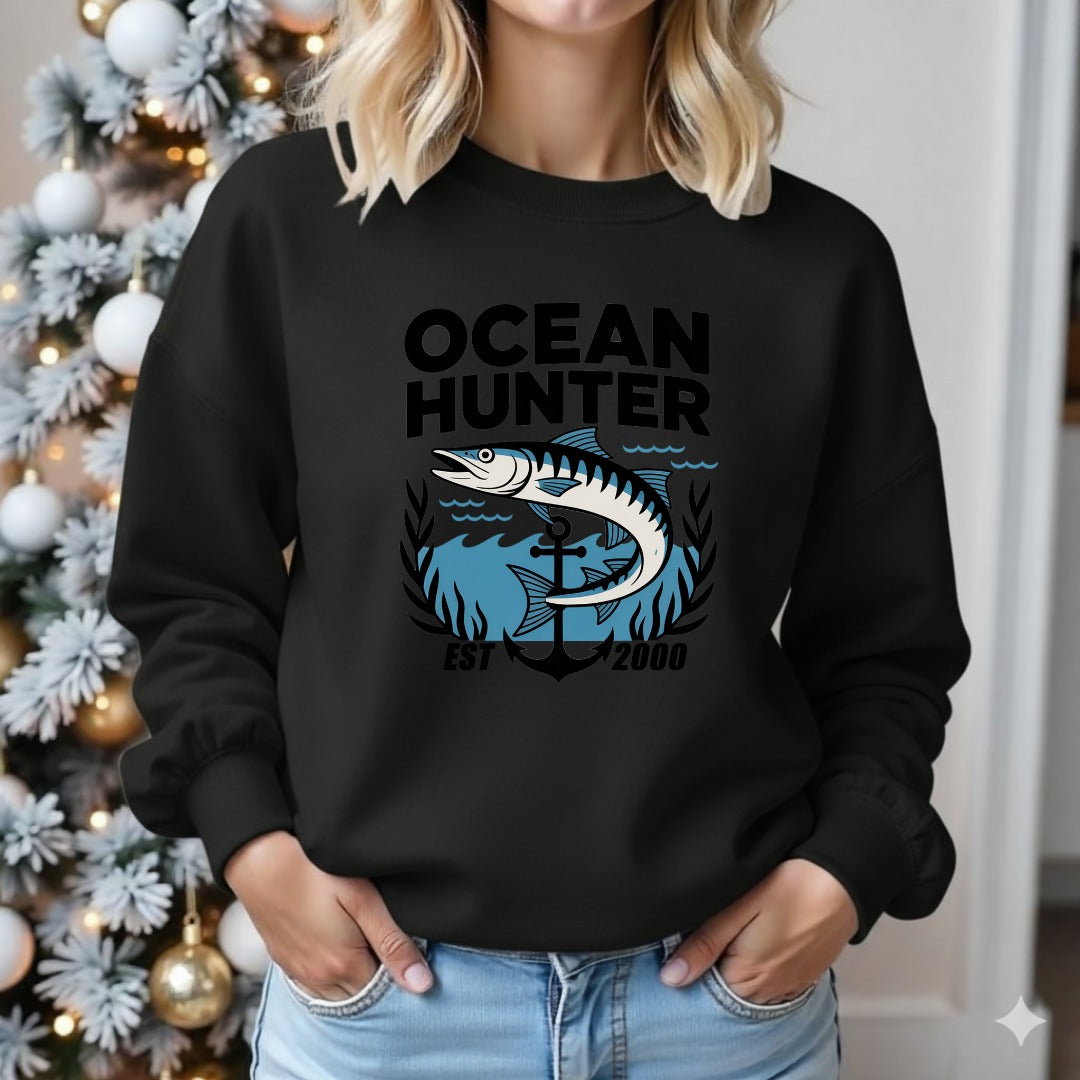 Ocean Hunter Crewneck Sweatshirt, Marlin Fishing Graphic Pullover, Ocean Hunter Design, Deep Sea Fisherman Gift, Retro Angler Crewneck