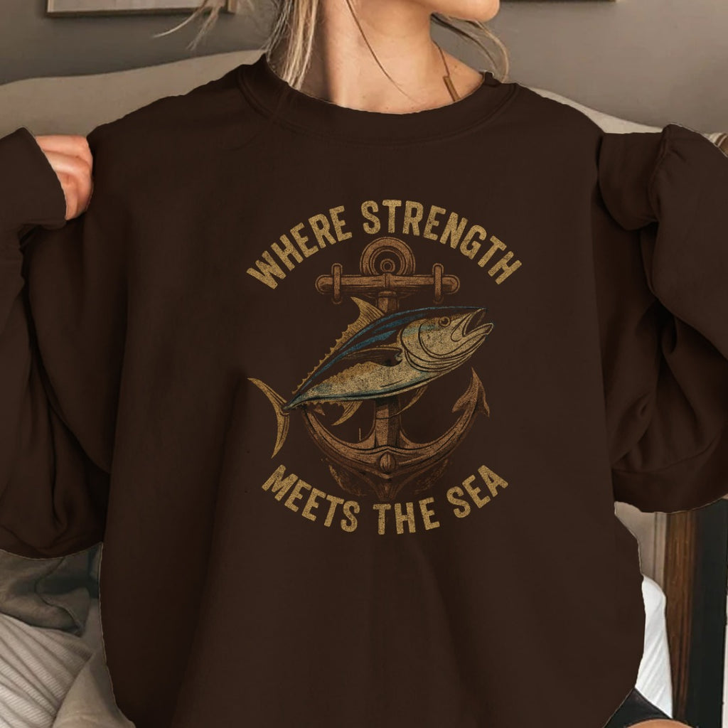 Where Strength Meets the Sea Crewneck Sweatshirt, Nautical Tuna Anchor Design, Fisherman Gift, Ocean Angler Pullover, Maritime Fishing Crewneck