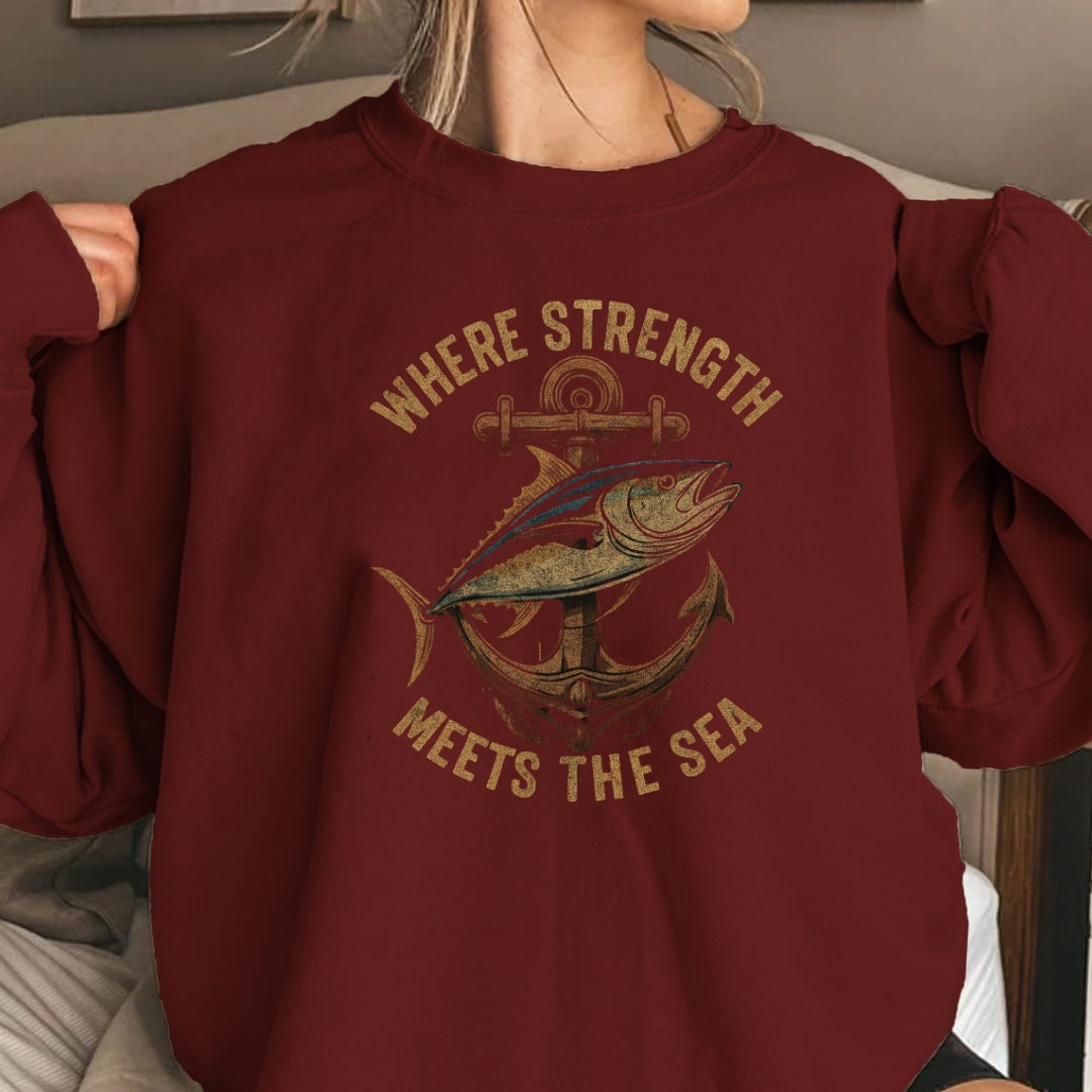 Where Strength Meets the Sea Crewneck Sweatshirt, Nautical Tuna Anchor Design, Fisherman Gift, Ocean Angler Pullover, Maritime Fishing Crewneck