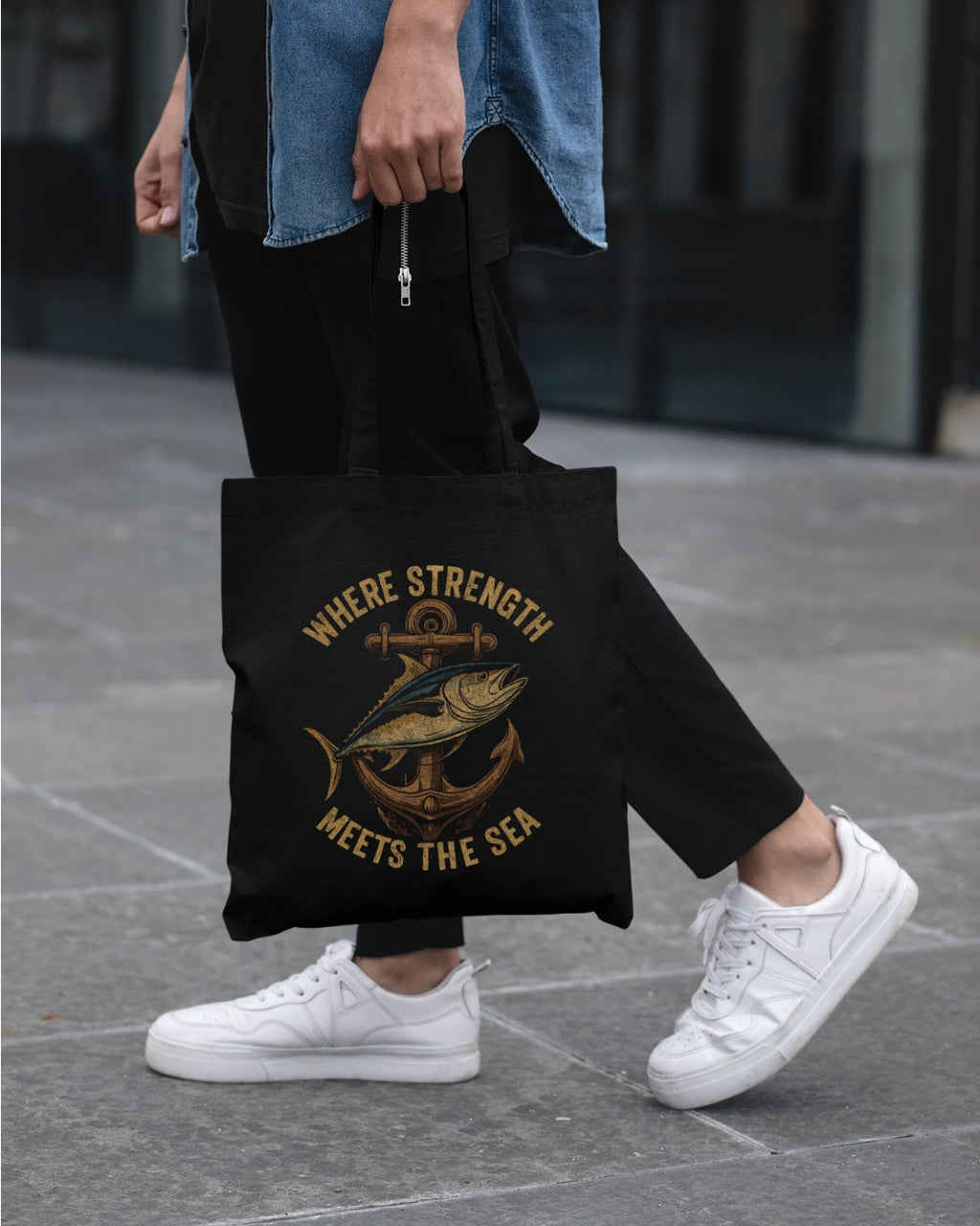 Where Strength Meets the Sea Crewneck Sweatshirt, Nautical Tuna Anchor Design, Fisherman Gift, Ocean Angler Pullover, Maritime Fishing Crewneck