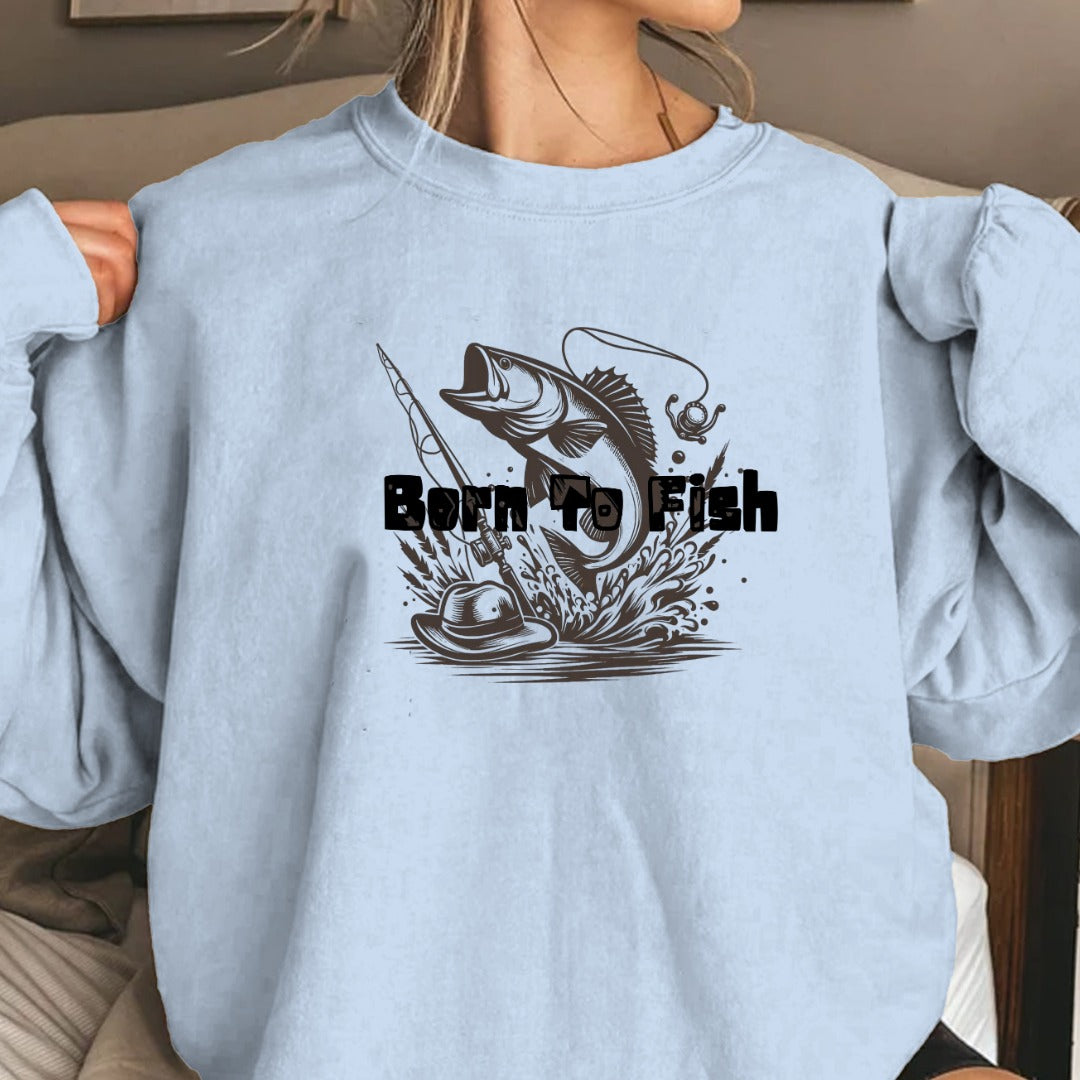 Born to Fish Crewneck Sweatshirt, Fishing Graphic Pullover for Anglers, Retro Fisherman Gift, Outdoor Angler Apparel, Ocean Fishing Crewneck