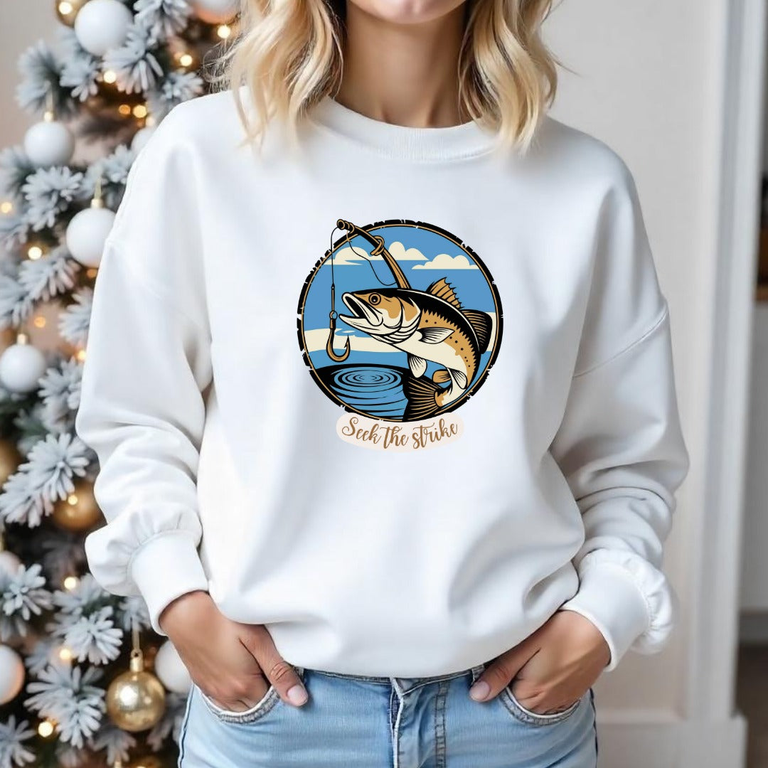 Seize the Strike Fishing Crewneck Sweatshirt, Fish Graphic Pullover, Angler Gift, Retro Ocean Fishing Apparel, Outdoor Fisherman Crewneck