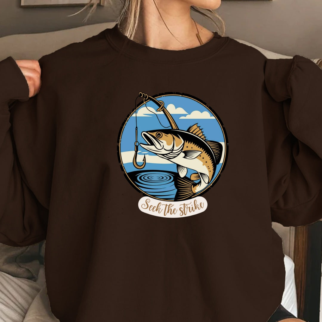 Seize the Strike Fishing Crewneck Sweatshirt, Fish Graphic Pullover, Angler Gift, Retro Ocean Fishing Apparel, Outdoor Fisherman Crewneck