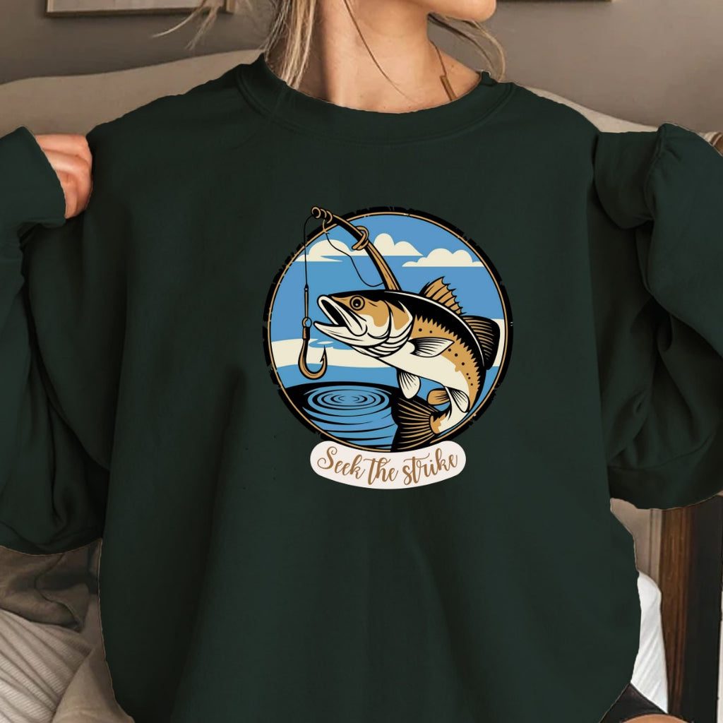 Seize the Strike Fishing Crewneck Sweatshirt, Fish Graphic Pullover, Angler Gift, Retro Ocean Fishing Apparel, Outdoor Fisherman Crewneck
