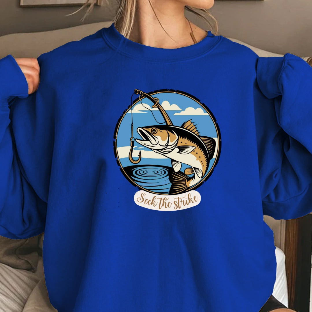 Seize the Strike Fishing Crewneck Sweatshirt, Fish Graphic Pullover, Angler Gift, Retro Ocean Fishing Apparel, Outdoor Fisherman Crewneck