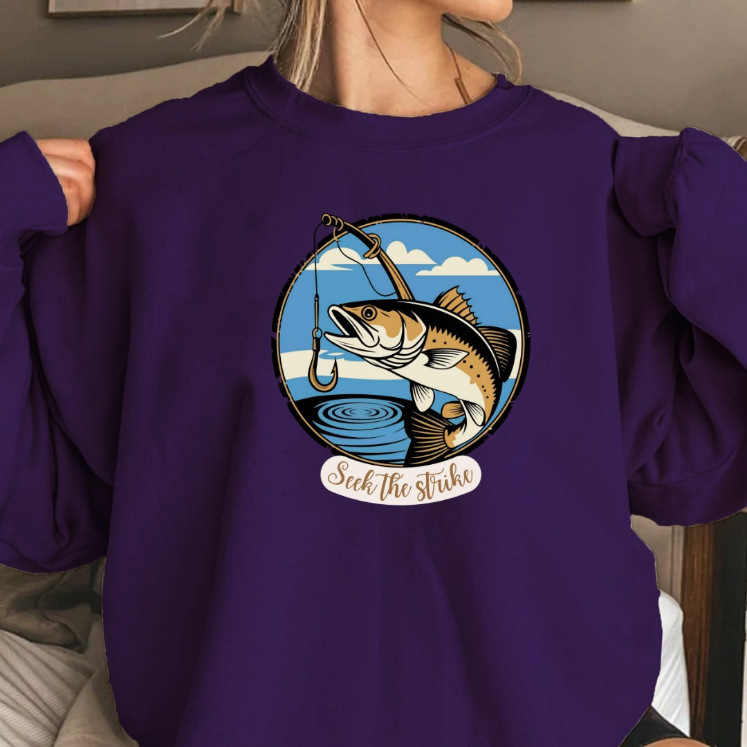 Seize the Strike Fishing Crewneck Sweatshirt, Fish Graphic Pullover, Angler Gift, Retro Ocean Fishing Apparel, Outdoor Fisherman Crewneck