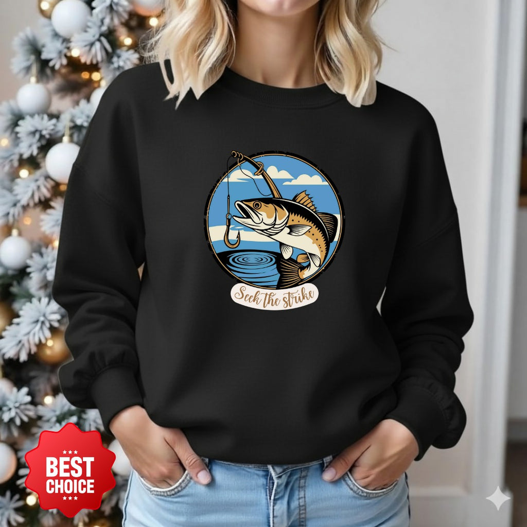 Seize the Strike Fishing Crewneck Sweatshirt, Fish Graphic Pullover, Angler Gift, Retro Ocean Fishing Apparel, Outdoor Fisherman Crewneck