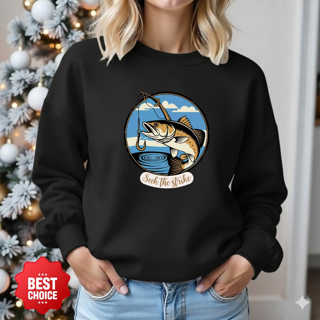 Seize the Strike Fishing Crewneck Sweatshirt, Fish Graphic Pullover, Angler Gift, Retro Ocean Fishing Apparel, Outdoor Fisherman Crewneck