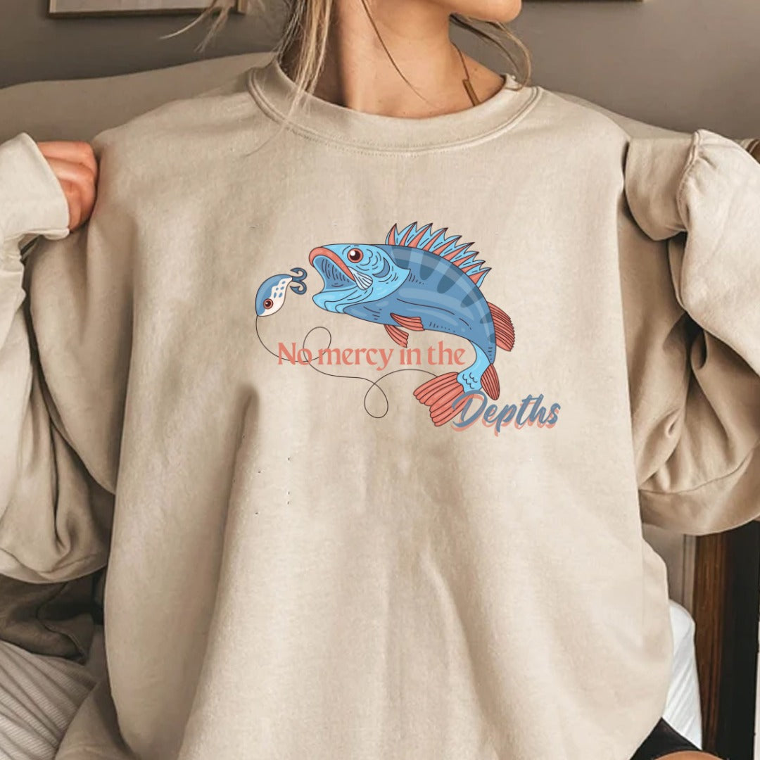 No Mercy in the Depths Crewneck Sweatshirt, Fish Graphic Pullover, Fisherman Gift, Retro Ocean Angler Apparel, Deep Sea Fishing Crewneck