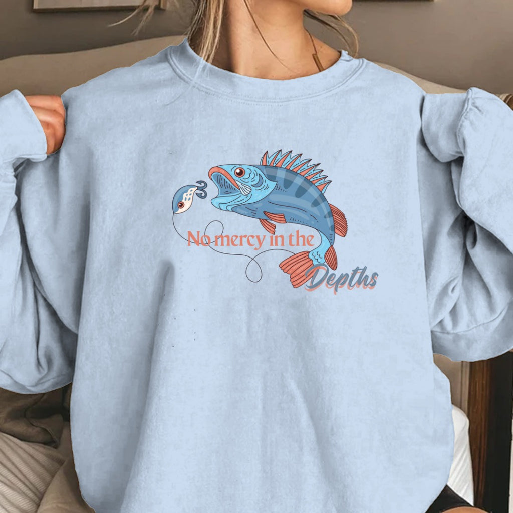 No Mercy in the Depths Crewneck Sweatshirt, Fish Graphic Pullover, Fisherman Gift, Retro Ocean Angler Apparel, Deep Sea Fishing Crewneck