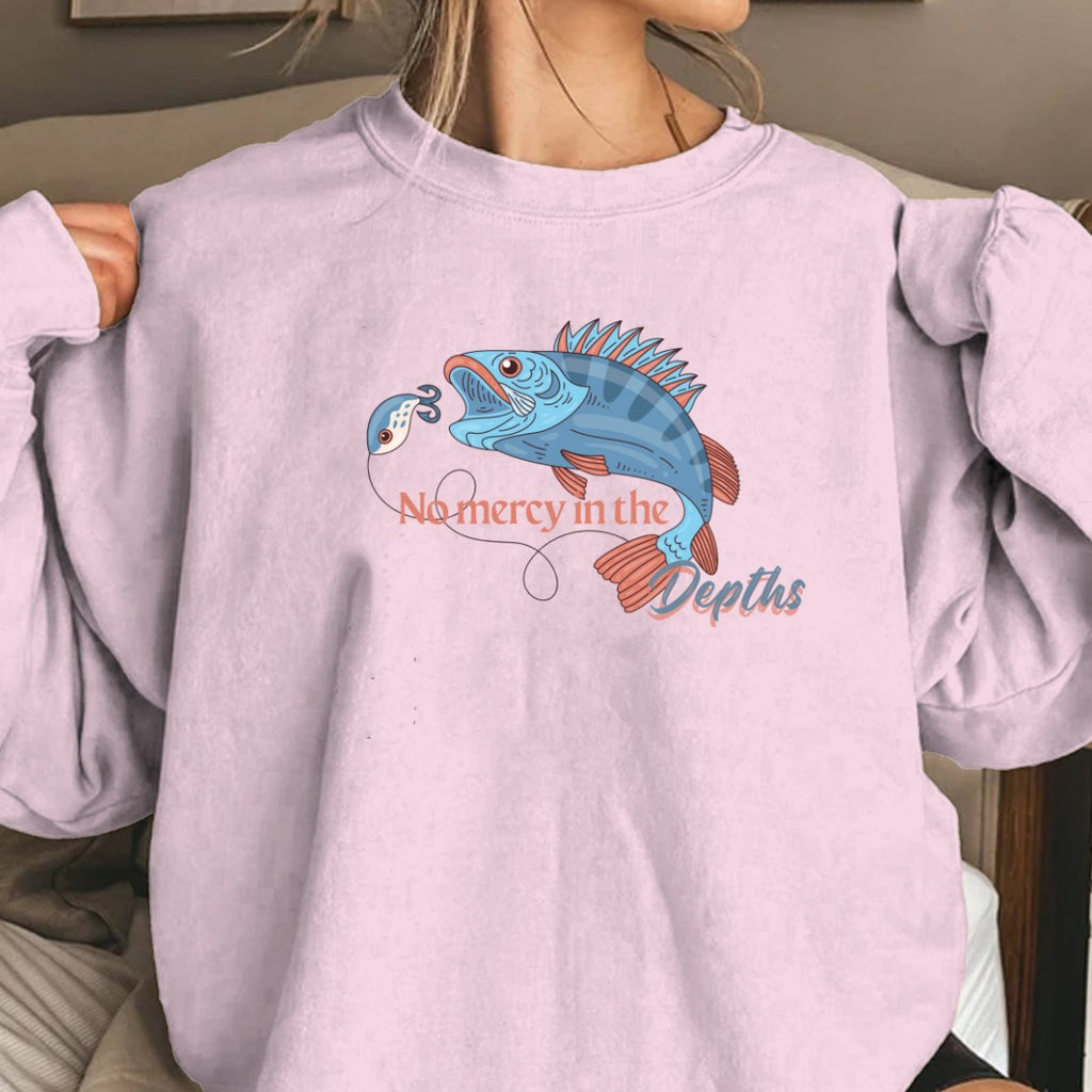 No Mercy in the Depths Crewneck Sweatshirt, Fish Graphic Pullover, Fisherman Gift, Retro Ocean Angler Apparel, Deep Sea Fishing Crewneck