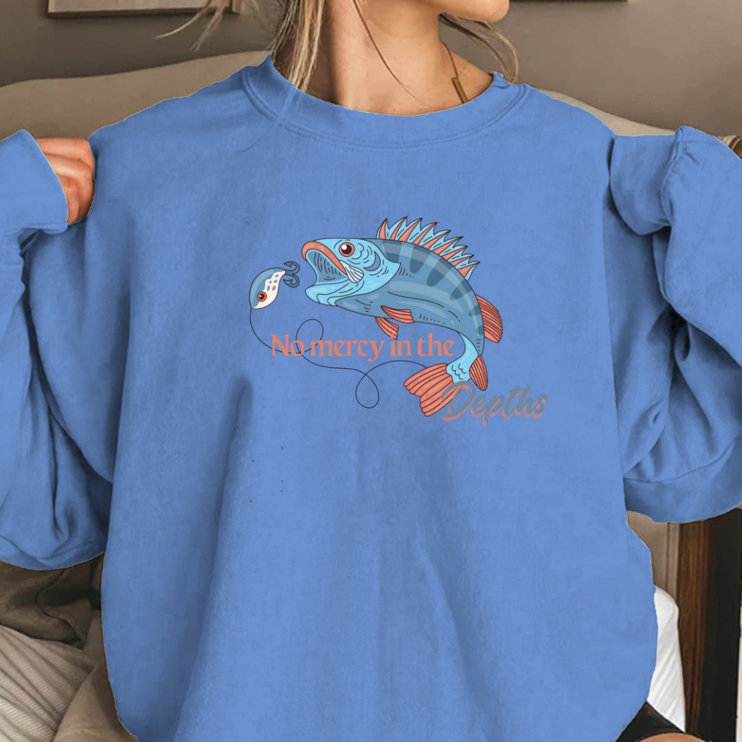 No Mercy in the Depths Crewneck Sweatshirt, Fish Graphic Pullover, Fisherman Gift, Retro Ocean Angler Apparel, Deep Sea Fishing Crewneck