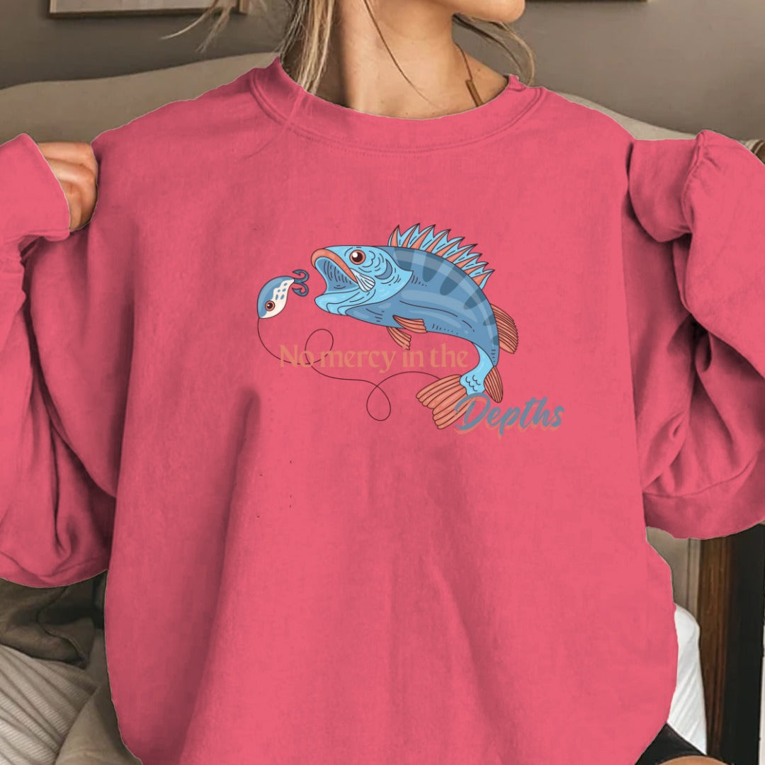 No Mercy in the Depths Crewneck Sweatshirt, Fish Graphic Pullover, Fisherman Gift, Retro Ocean Angler Apparel, Deep Sea Fishing Crewneck