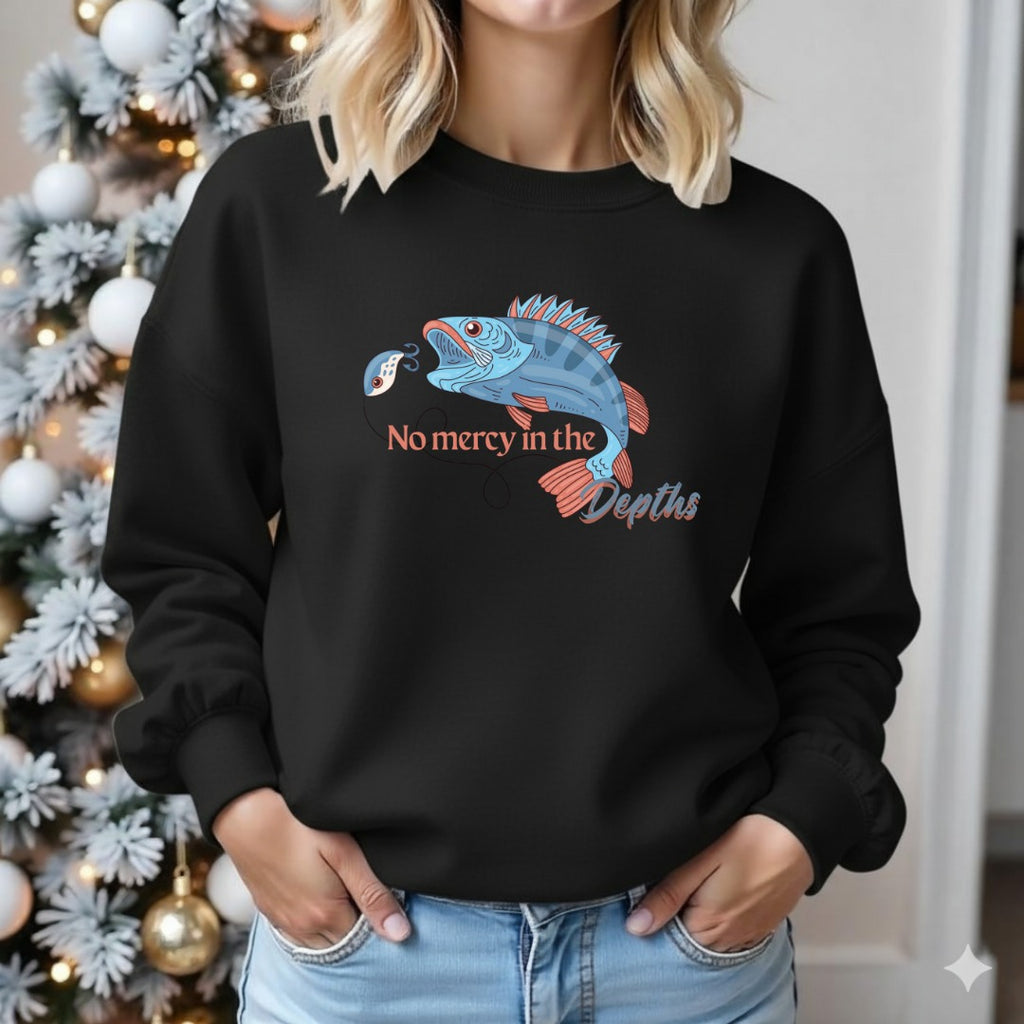No Mercy in the Depths Crewneck Sweatshirt, Fish Graphic Pullover, Fisherman Gift, Retro Ocean Angler Apparel, Deep Sea Fishing Crewneck