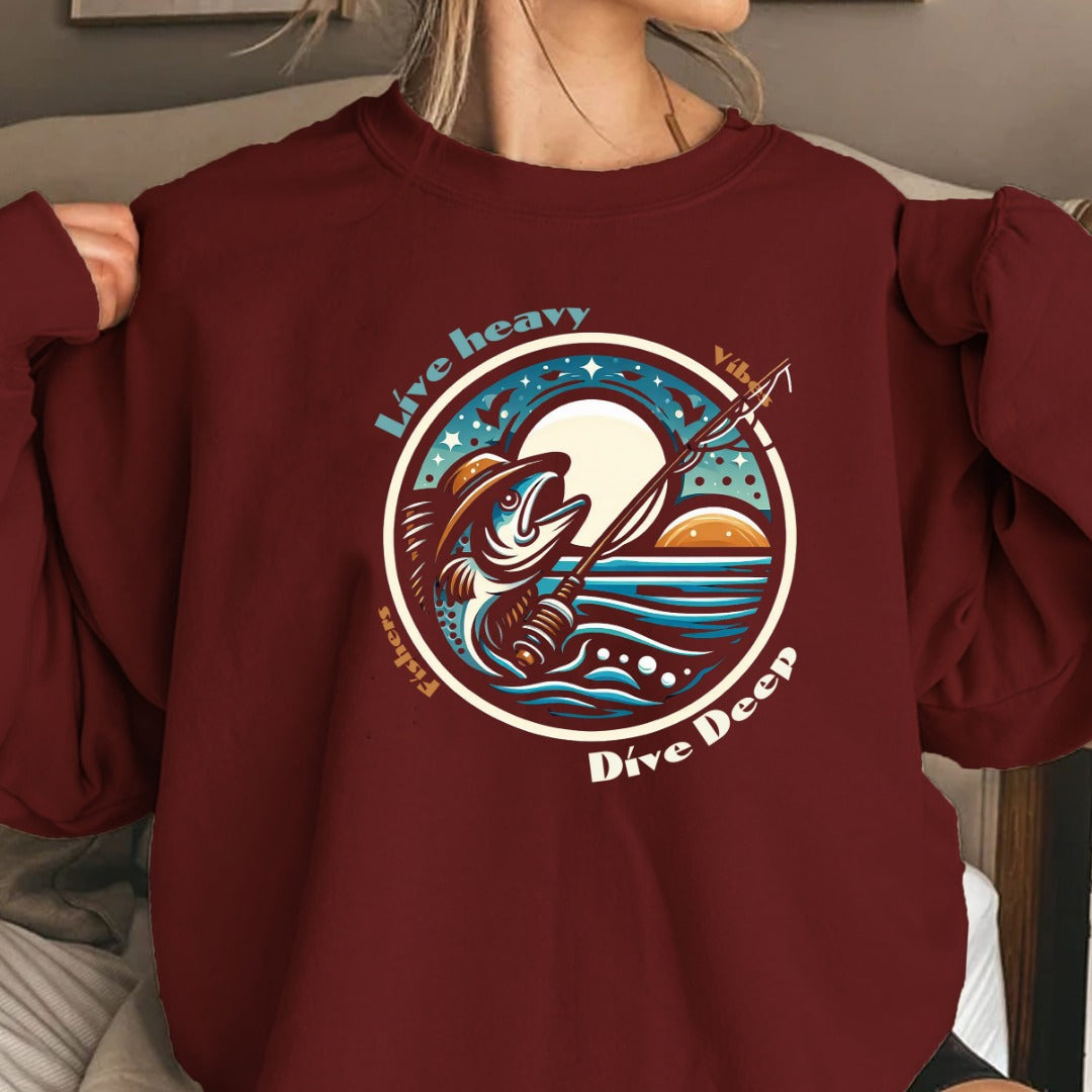 Live Heavy Crewneck Sweatshirt, Surf Wave Graphic Cozy Pullover, Beach Lover Gift, Retro Ocean Surf Apparel, Casual Wave Crewneck Pullover