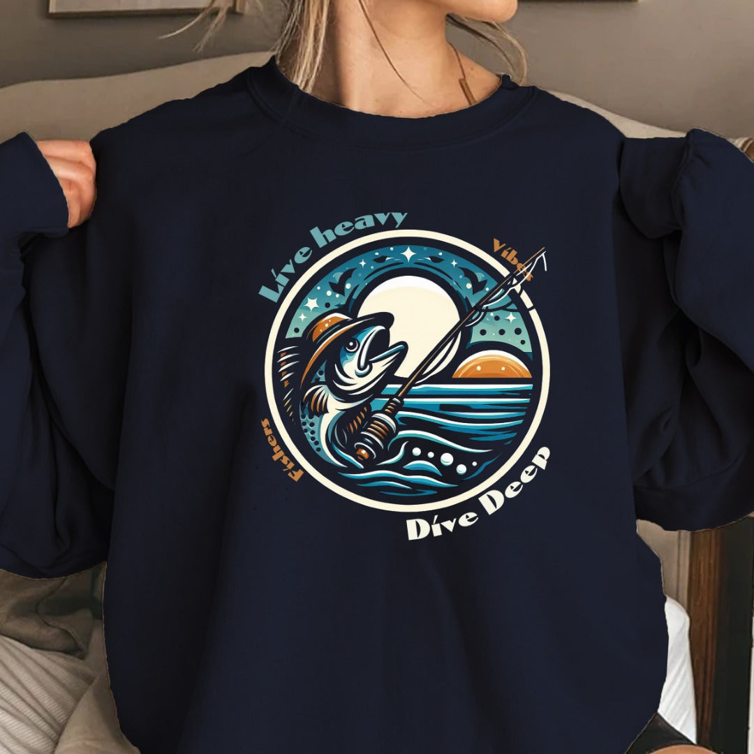 Live Heavy Crewneck Sweatshirt, Surf Wave Graphic Cozy Pullover, Beach Lover Gift, Retro Ocean Surf Apparel, Casual Wave Crewneck Pullover