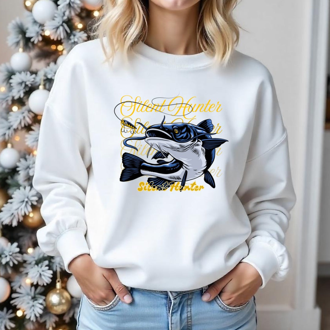 Shout Hunter Fishing Crewneck Sweatshirt, Marlin Graphic Pullover, Fisherman Gift, Retro Ocean Angler Apparel, Deep Sea Fishing Crewneck