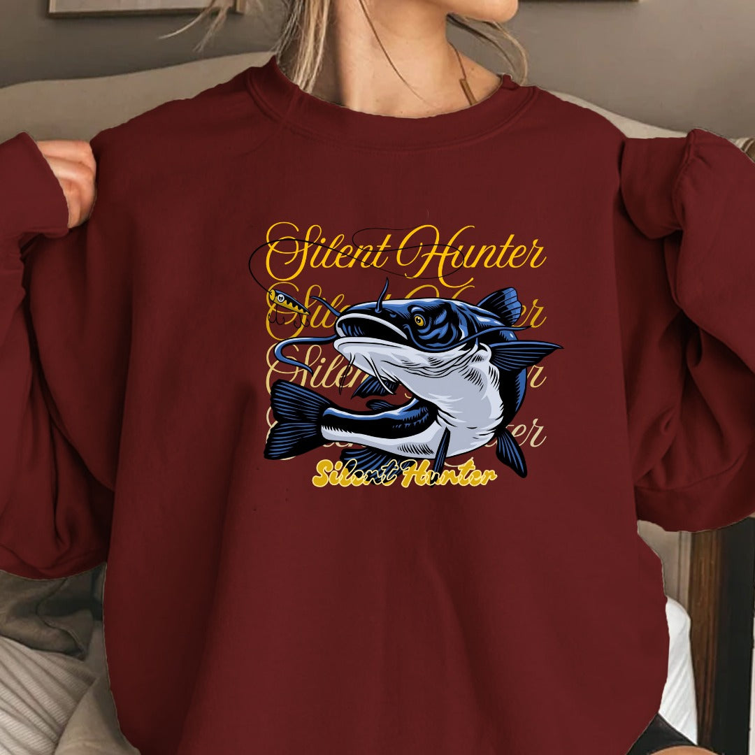 Shout Hunter Fishing Crewneck Sweatshirt, Marlin Graphic Pullover, Fisherman Gift, Retro Ocean Angler Apparel, Deep Sea Fishing Crewneck
