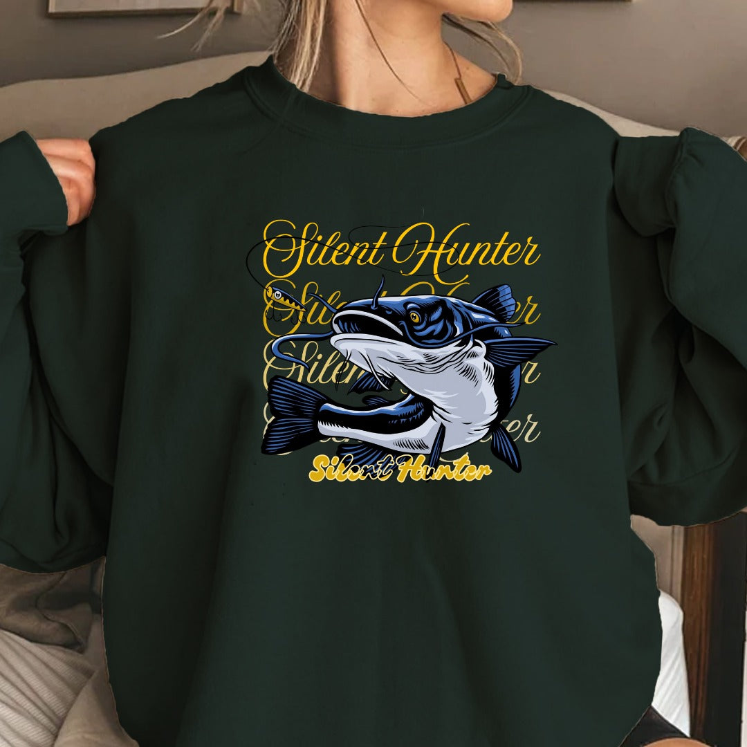 Shout Hunter Fishing Crewneck Sweatshirt, Marlin Graphic Pullover, Fisherman Gift, Retro Ocean Angler Apparel, Deep Sea Fishing Crewneck