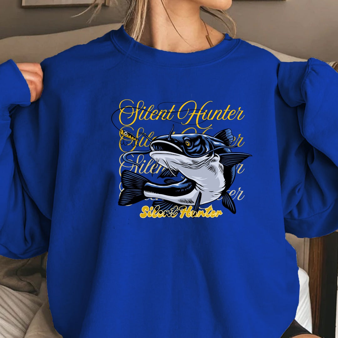 Shout Hunter Fishing Crewneck Sweatshirt, Marlin Graphic Pullover, Fisherman Gift, Retro Ocean Angler Apparel, Deep Sea Fishing Crewneck