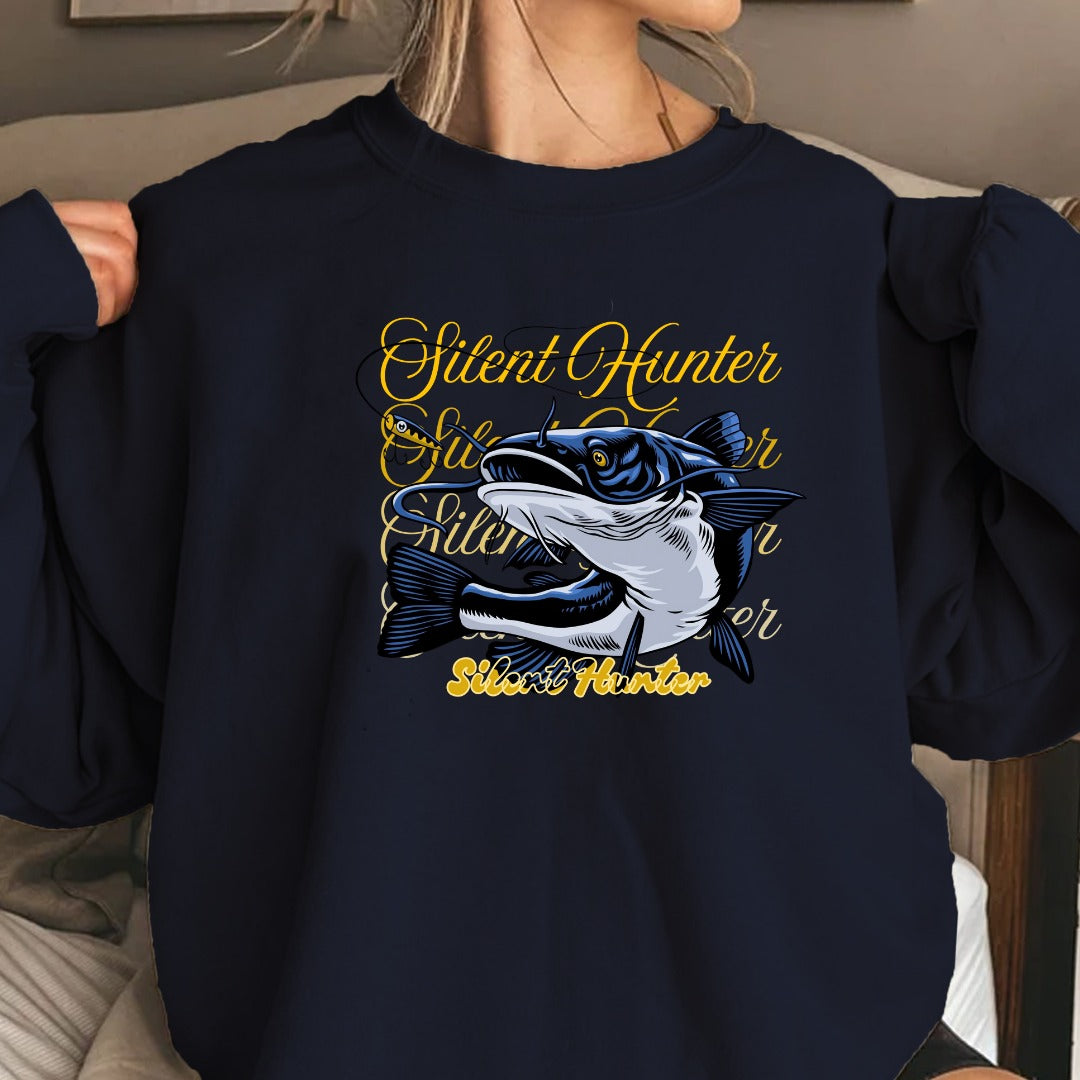 Shout Hunter Fishing Crewneck Sweatshirt, Marlin Graphic Pullover, Fisherman Gift, Retro Ocean Angler Apparel, Deep Sea Fishing Crewneck