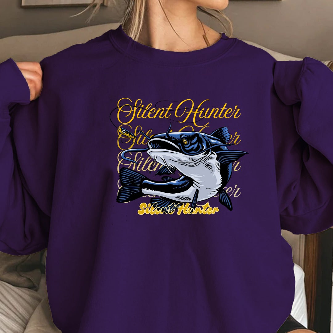 Shout Hunter Fishing Crewneck Sweatshirt, Marlin Graphic Pullover, Fisherman Gift, Retro Ocean Angler Apparel, Deep Sea Fishing Crewneck